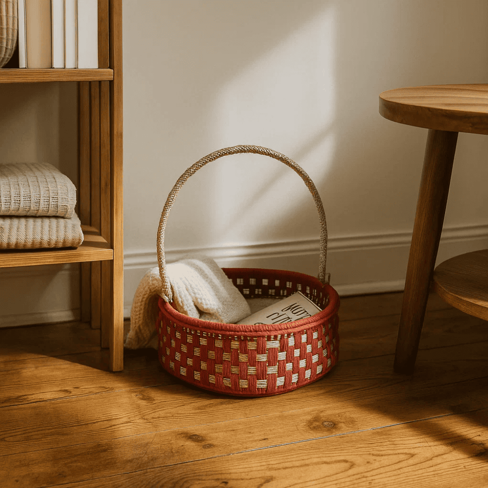 Handwoven Red Basket with Handle – Recycled Cotton & Plastic Storage Basket