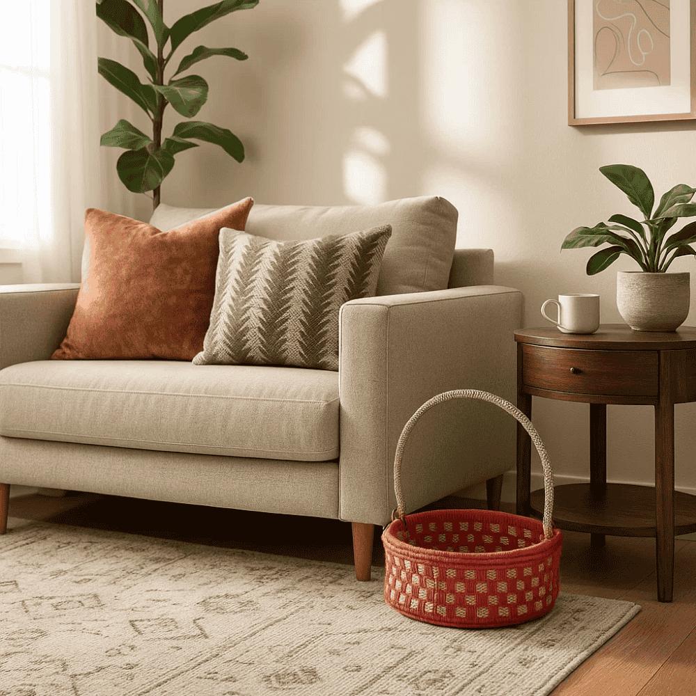 Handwoven Red Basket with Handle – Recycled Cotton & Plastic Storage Basket