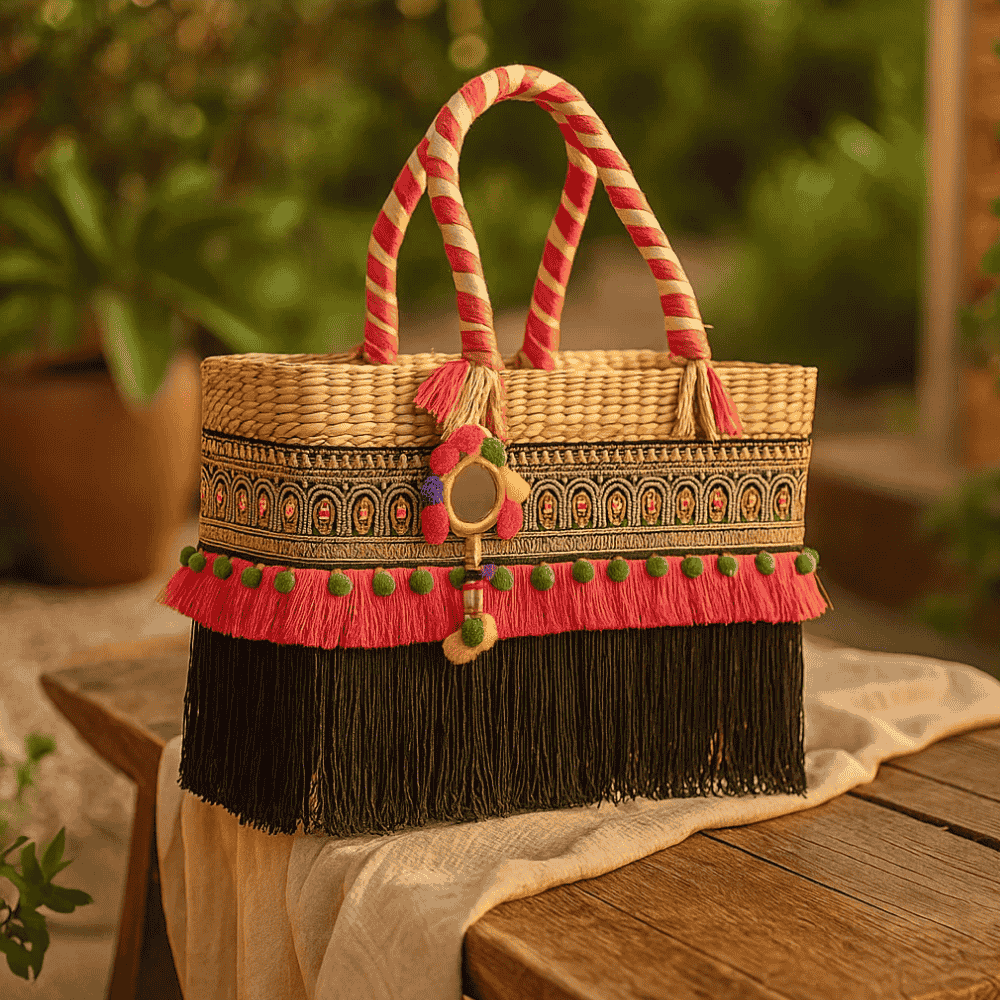Fringed Black & Hot Pink Basket Woven Cane Handbag