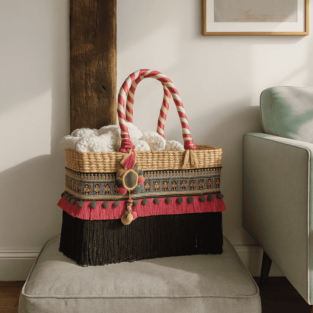Fringed Black & Hot Pink Basket Woven Cane Handbag