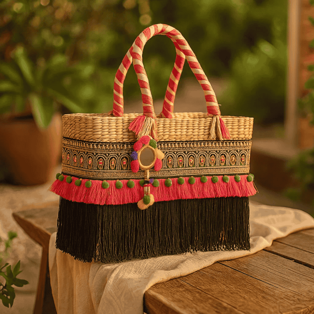 Fringed Black & Hot Pink Basket Woven Cane Handbag