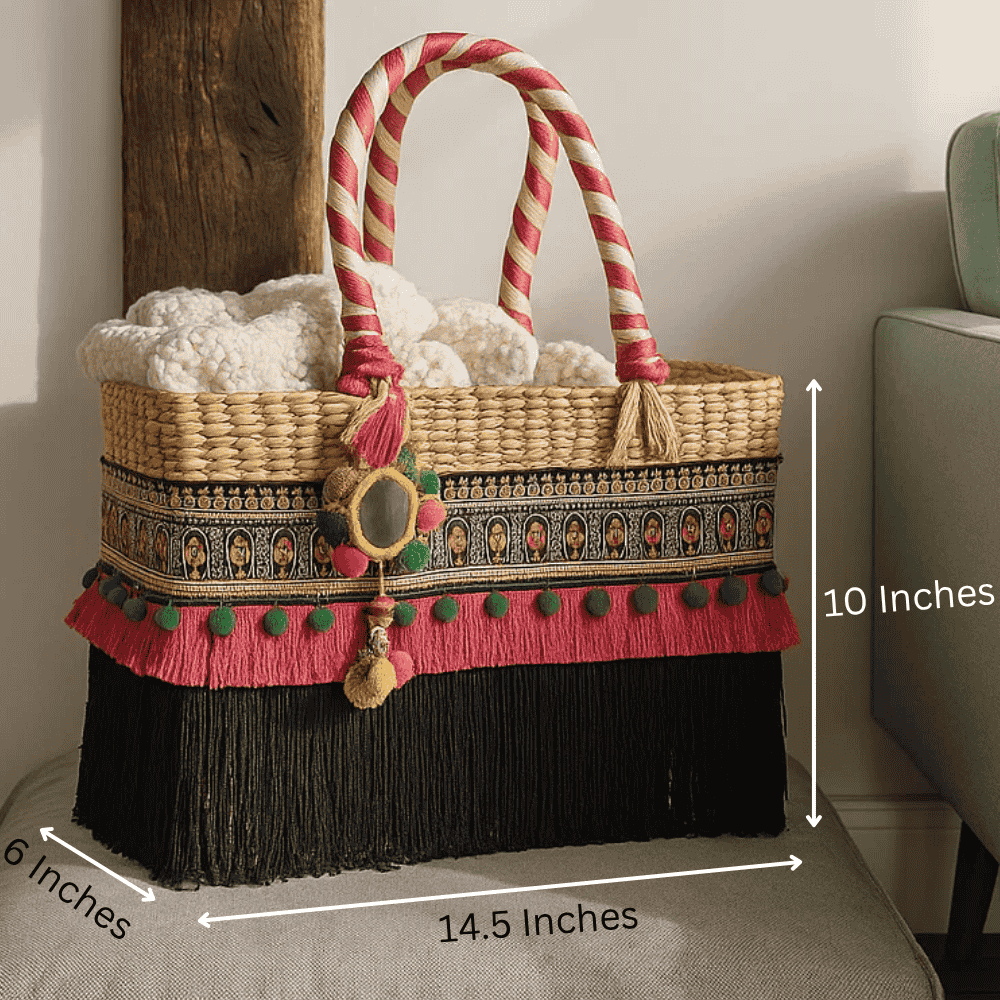 Fringed Black & Hot Pink Basket Woven Cane Handbag