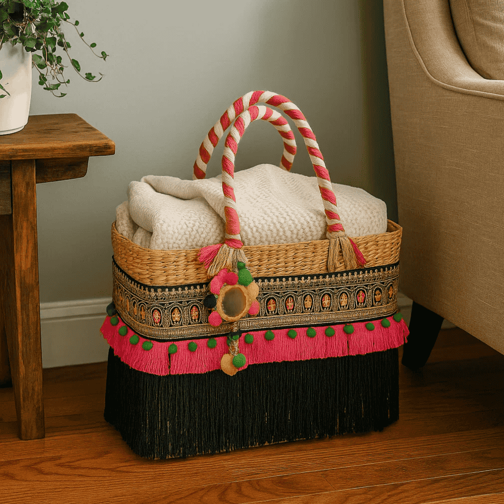 Fringed Black & Hot Pink Basket Woven Cane Handbag