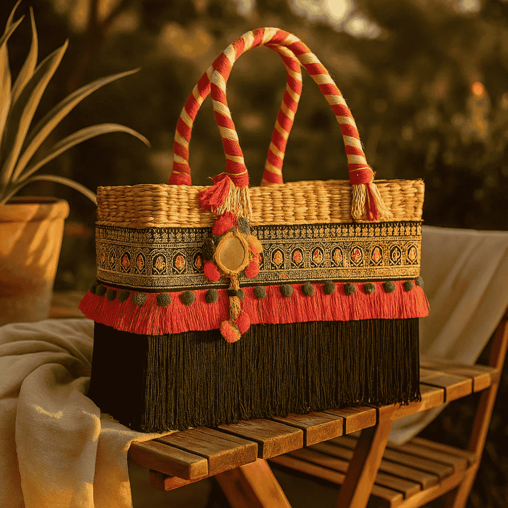 Fringed Black & Hot Pink Basket Woven Cane Handbag