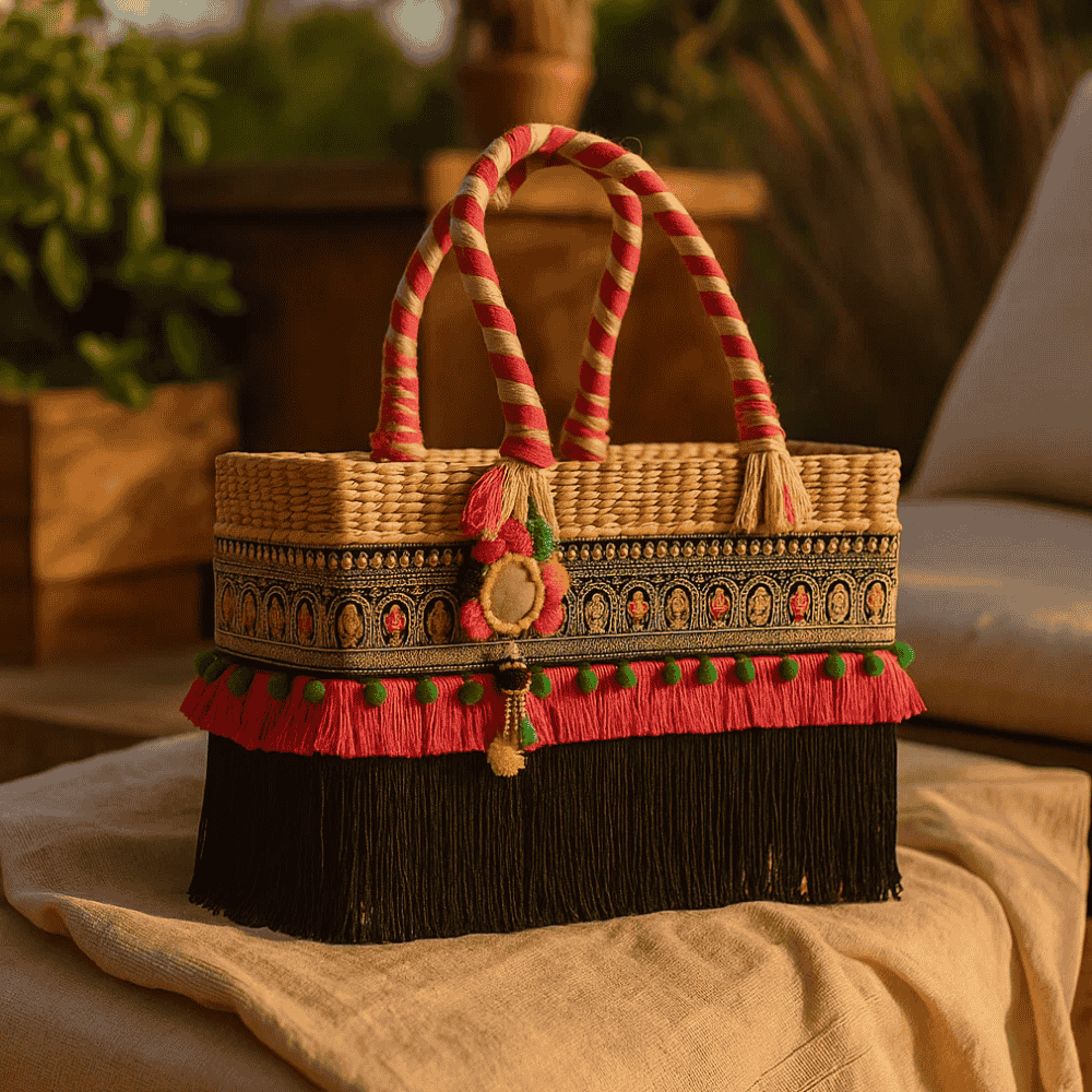 Fringed Black & Hot Pink Basket Woven Cane Handbag