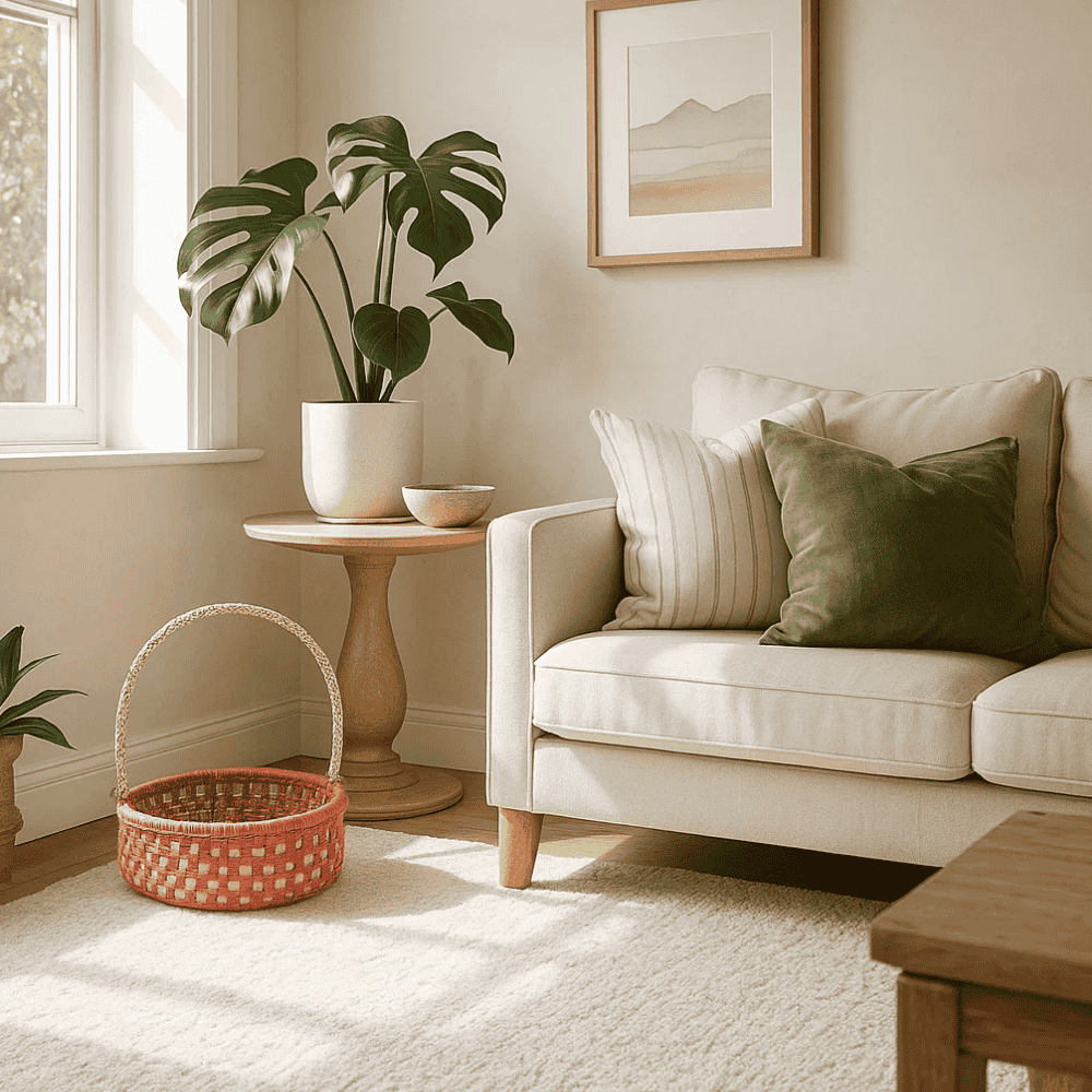 Handwoven Red Basket with Handle – Recycled Cotton & Plastic Storage Basket