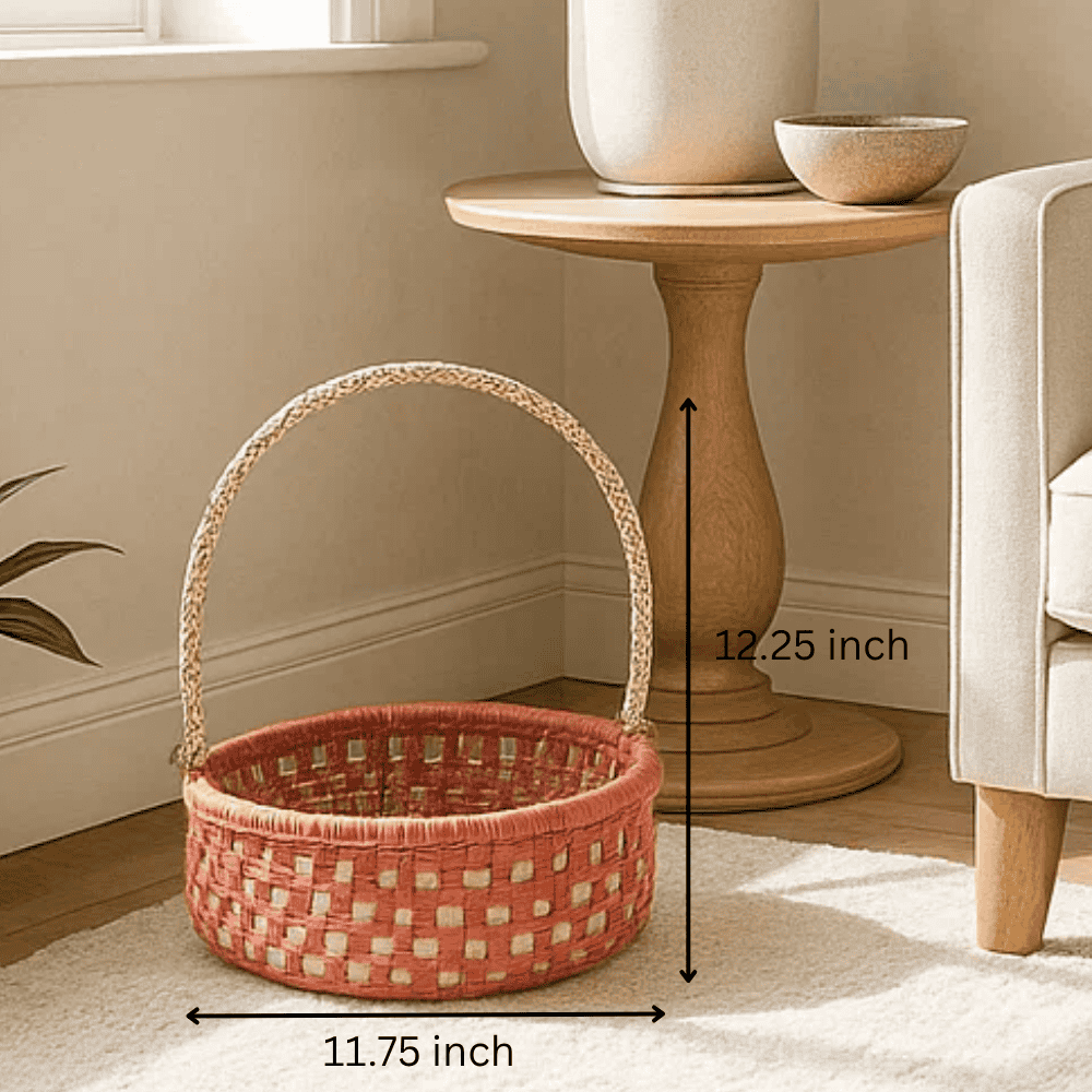 Handwoven Red Basket with Handle – Recycled Cotton & Plastic Storage Basket