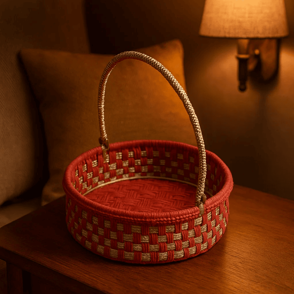Handwoven Red Basket with Handle – Recycled Cotton & Plastic Storage Basket