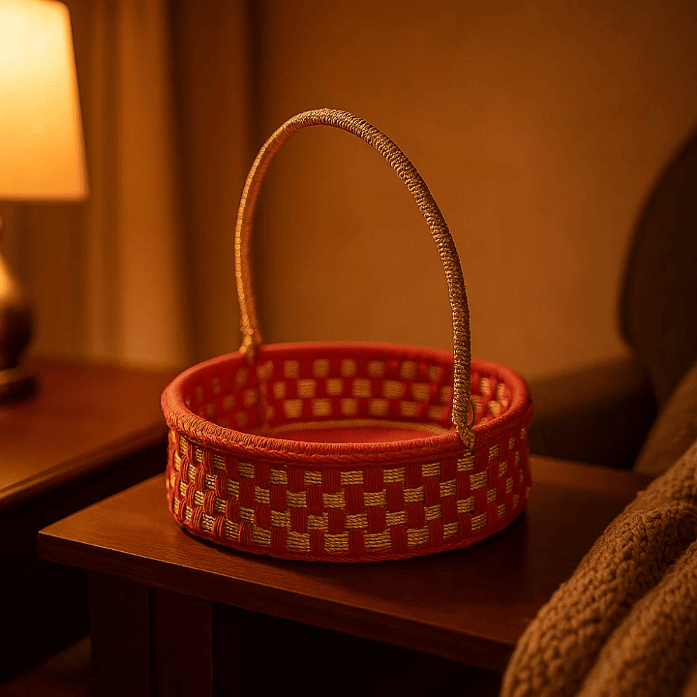 Handwoven Red Basket with Handle – Recycled Cotton & Plastic Storage Basket