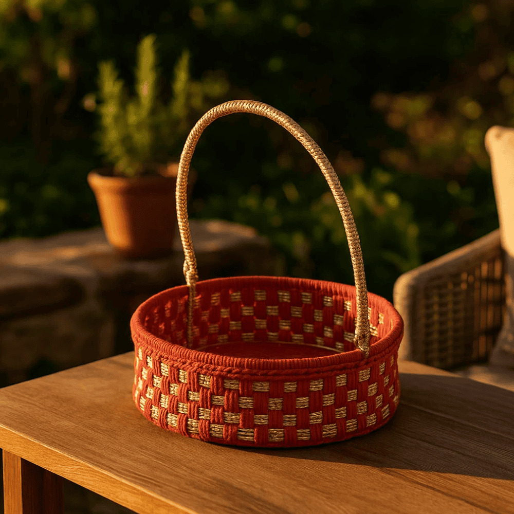 Handwoven Red Basket with Handle – Recycled Cotton & Plastic Storage Basket