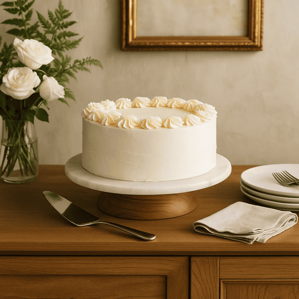 Fusion Mango Wood & Marble Cake Stand – Handcrafted Elegance
