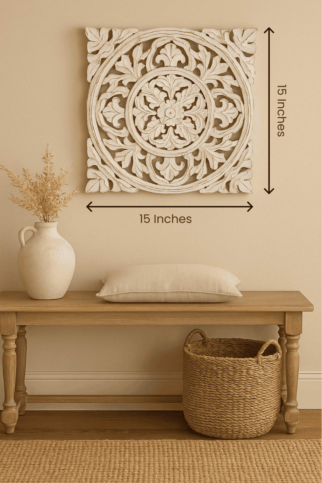Ivory medallion wall plaque with floral carving and distressed finish – boho vintage decor for hallway or bedroom wall