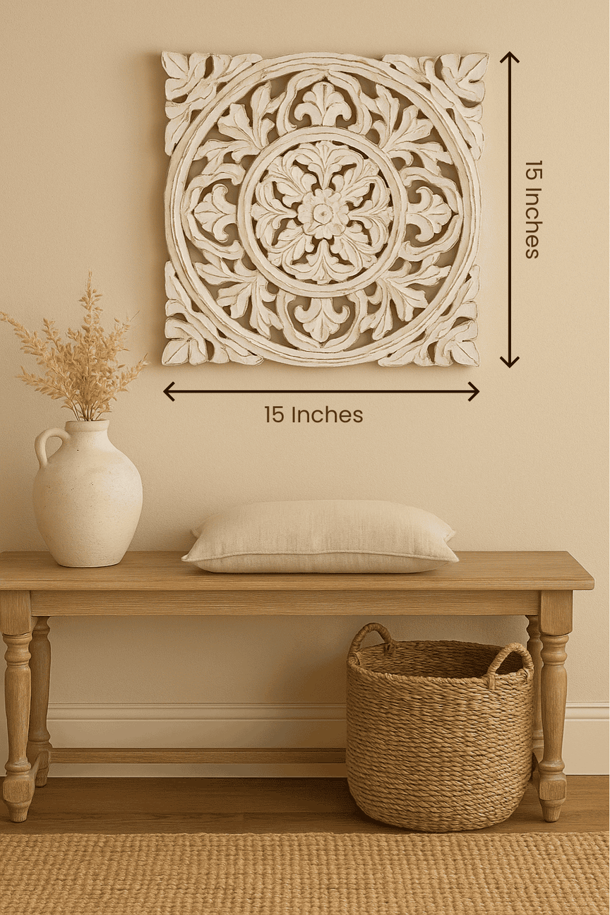 Ivory medallion wall plaque with floral carving and distressed finish – boho vintage decor for hallway or bedroom wall