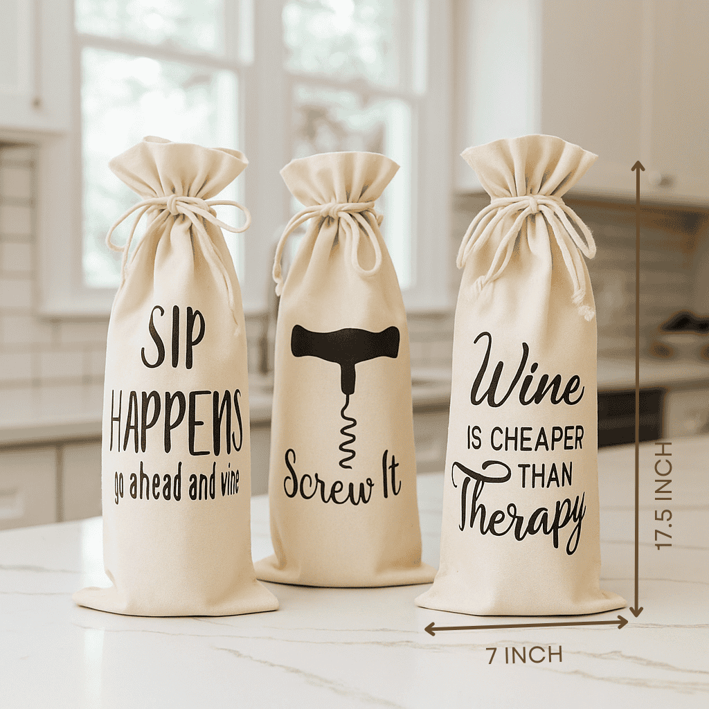 Typographic Canvas Wine Bags – Eco-Friendly Set of 3