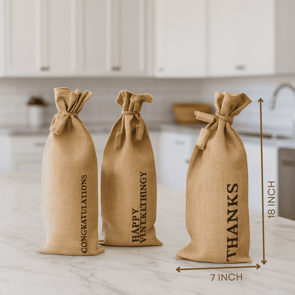 Typographic Jute Wine Bags – Eco-Friendly Set of 3