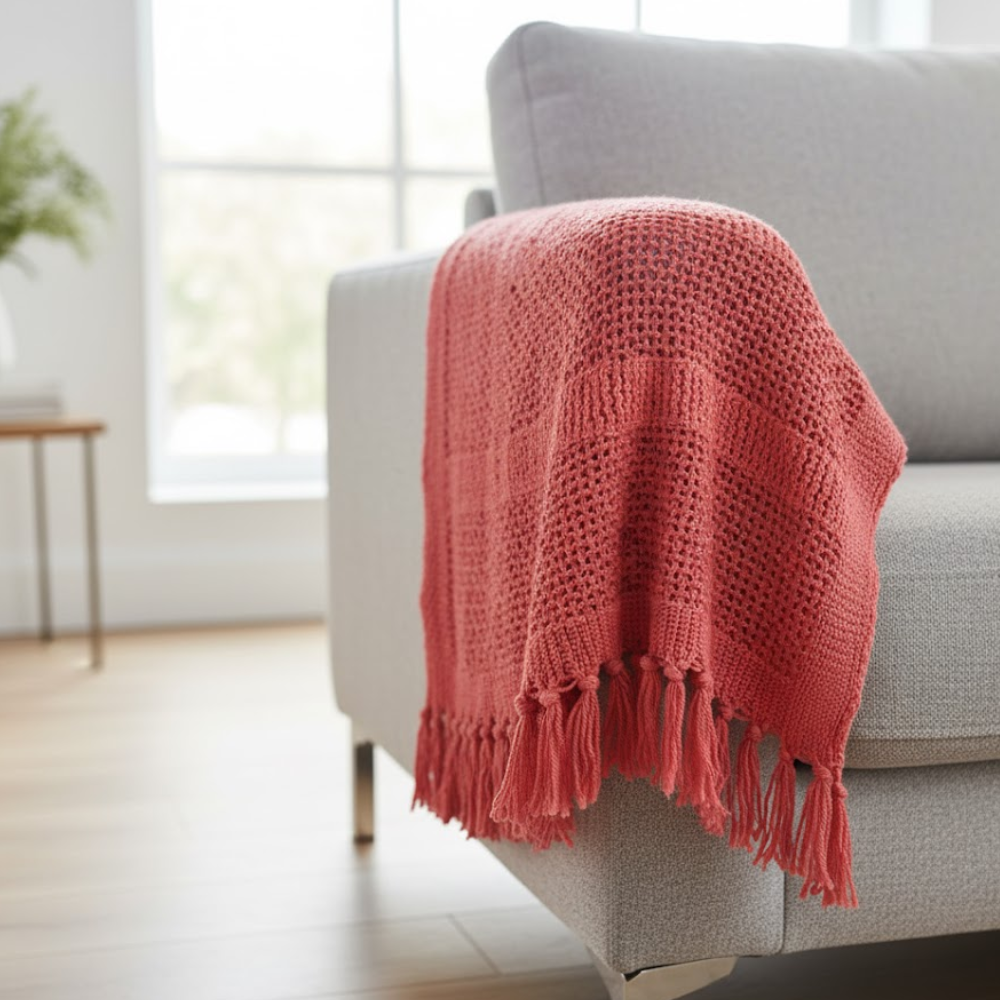 Knitted Coral Red Tasseled Throw – Handwoven Cotton Blanket with Vibrant Color & Tassel Detailing