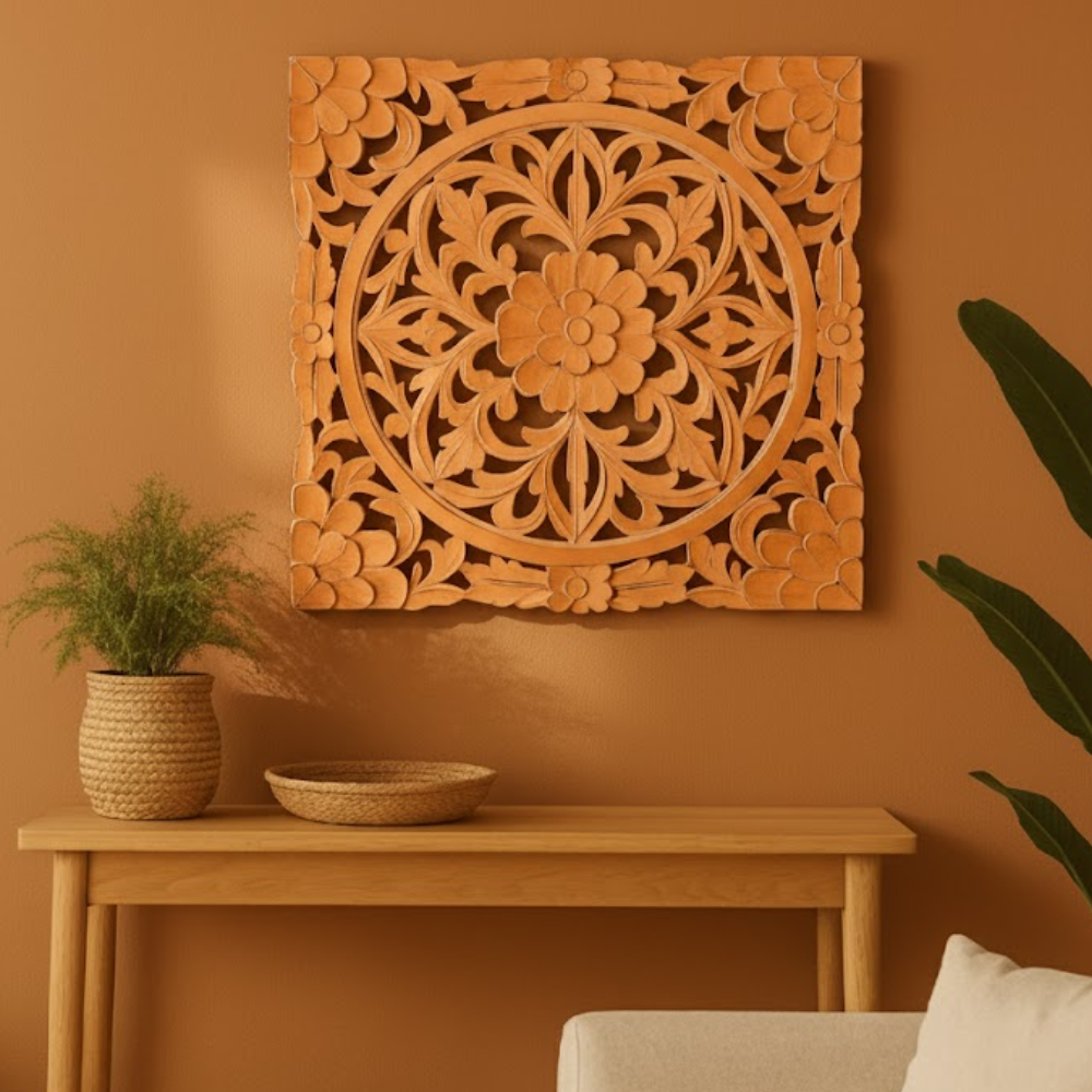 Tangerine Medallion Wall Plaque – Handcrafted Boho Floral Wall Décor