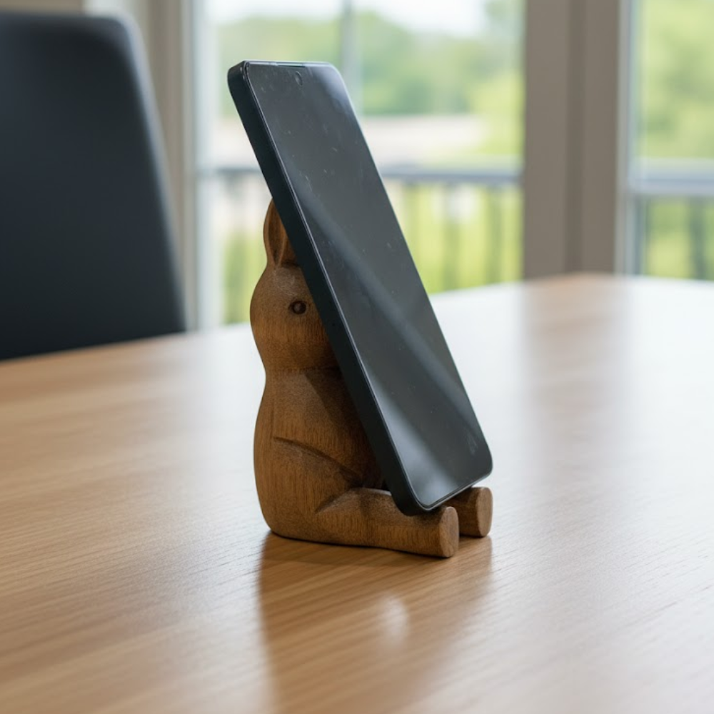 Hand Cut Mango Wood Rabbit Mobile Holder – Sustainable Wooden Phone Stand