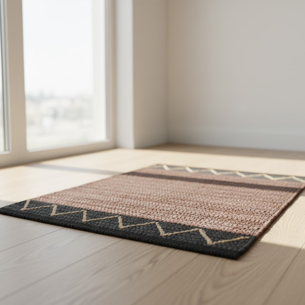 Handwoven Cotton Abstract Brown Durry – Artisan Chevron & Stripe Rug in Leather, Jute & Cotton