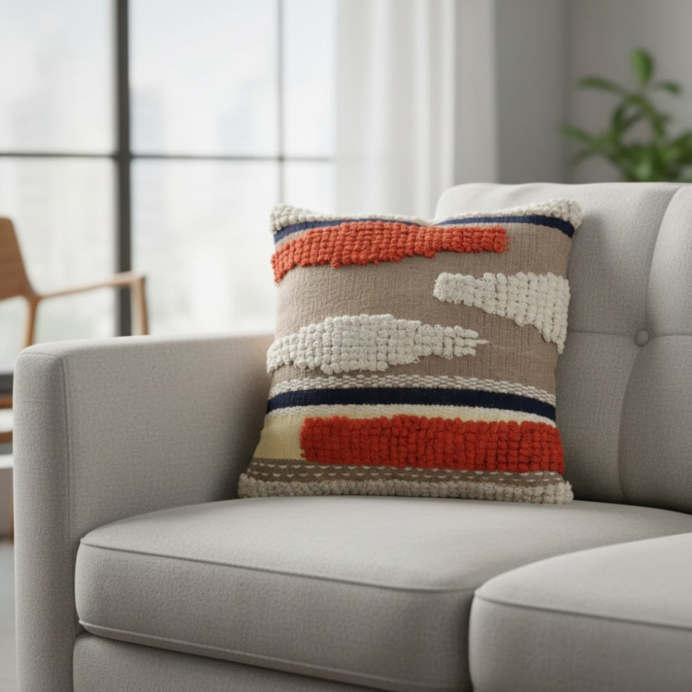 Woven Cotton Cushion Cover with Tufts