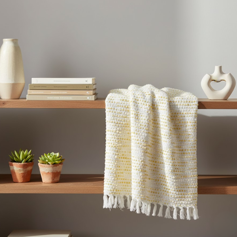 Handwoven Textured Throw Blanket with Tasseled Border