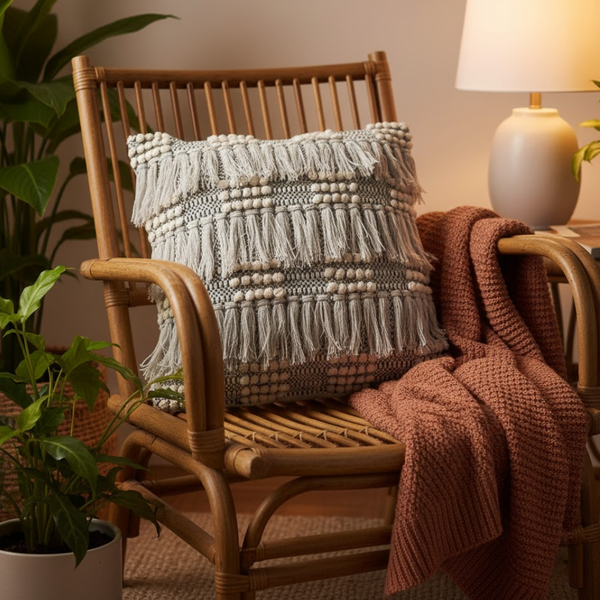 White Tufted Cushion Cover | Handwoven Fringed Cotton Boho Decor