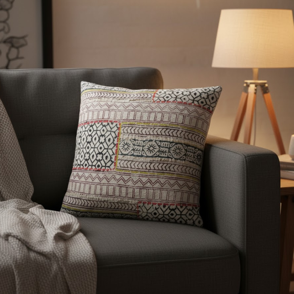Block Printed Geometric Cushion Cover | Handcrafted Cotton Boho Decor