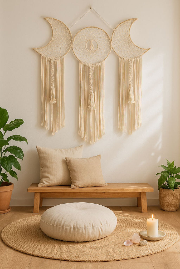 Celestial moon phase macrame wall decor – cream cotton boho wall hanging for bedroom, meditation corner, or entryway

