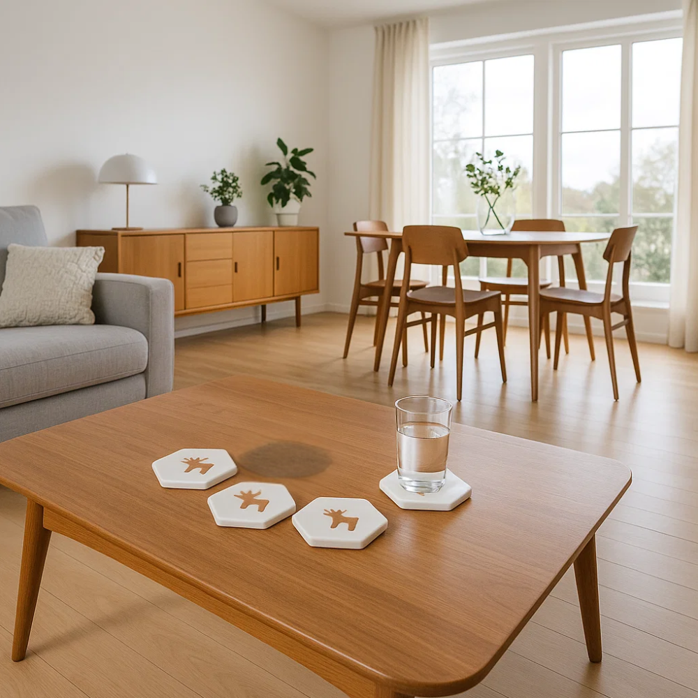 Reindeer Inlaid Marble Coasters (Set of 4) – Handcrafted White Marble Drink Coasters with Wooden Inlay