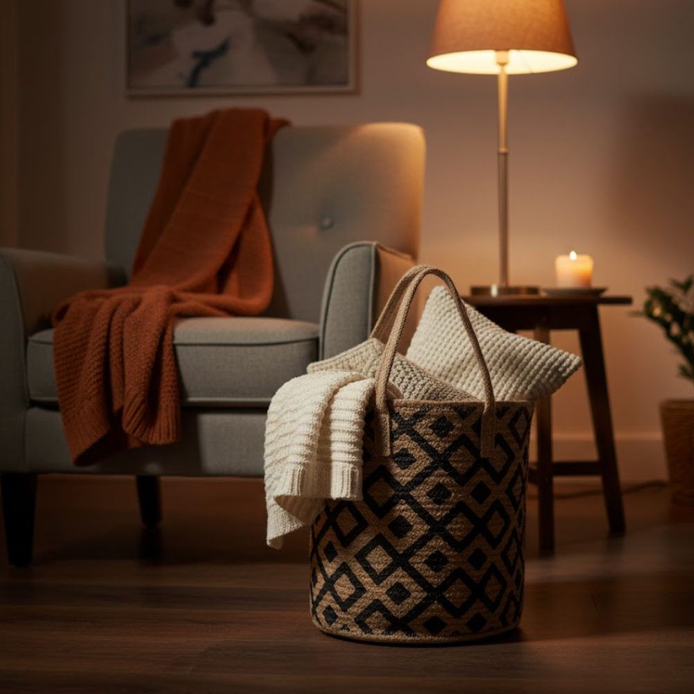 Handloom Jute Diamond Patterned Storage Basket