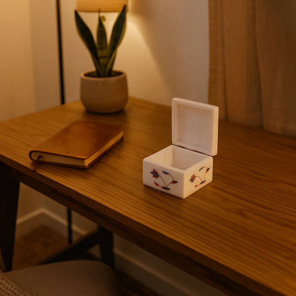 Inlaid Semi-Precious Stone & Marble Square Jewelry Box
