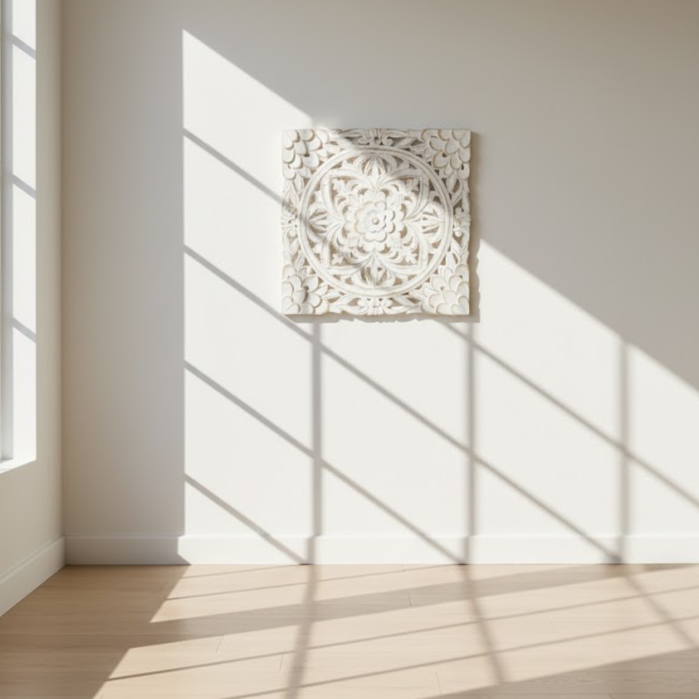 White Medallion Distressed Wall Plaque – Handcrafted Boho Vintage Floral Wall Décor