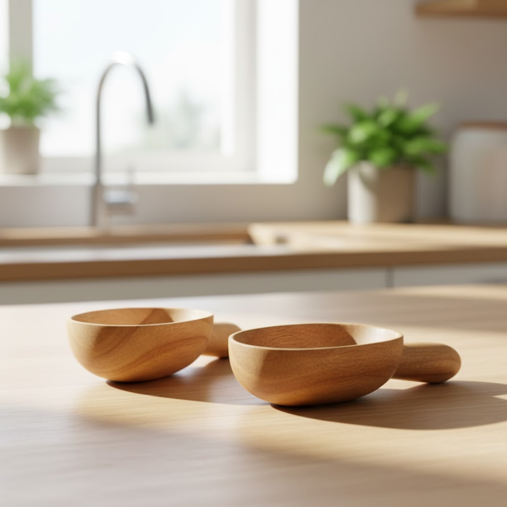 Hand Carved Teak Wood Classic Scooper (Set of 2, Small) – Artisan Teak Wood Serveware with Sleek Detailing