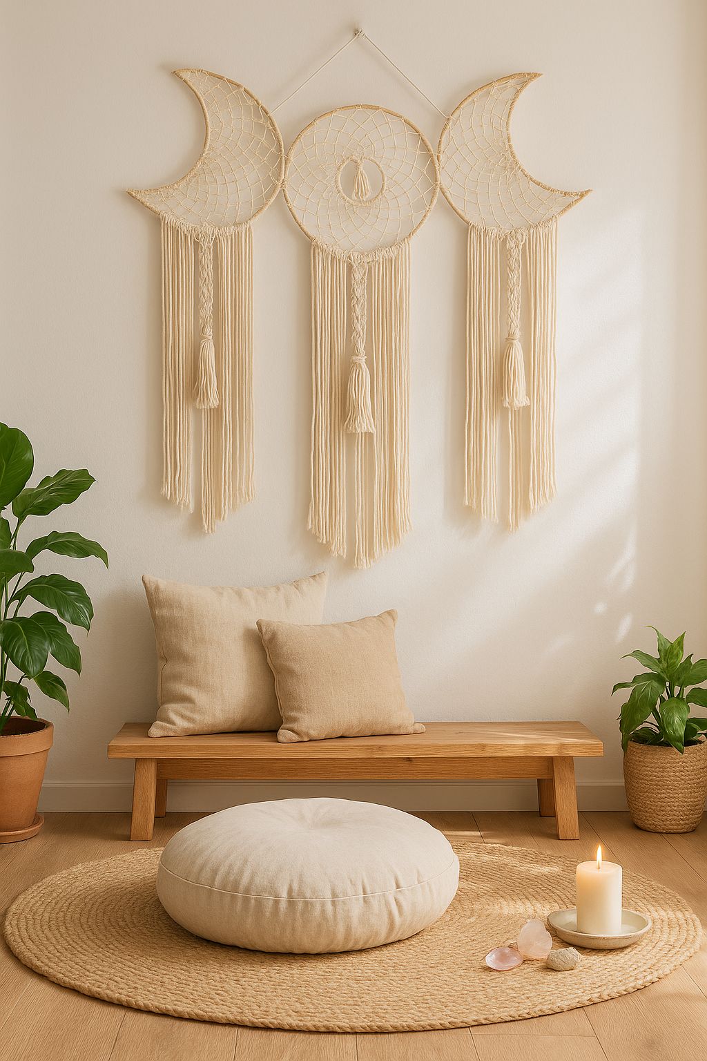 Celestial moon phase macrame wall decor – cream cotton boho wall hanging for bedroom, meditation corner, or entryway


