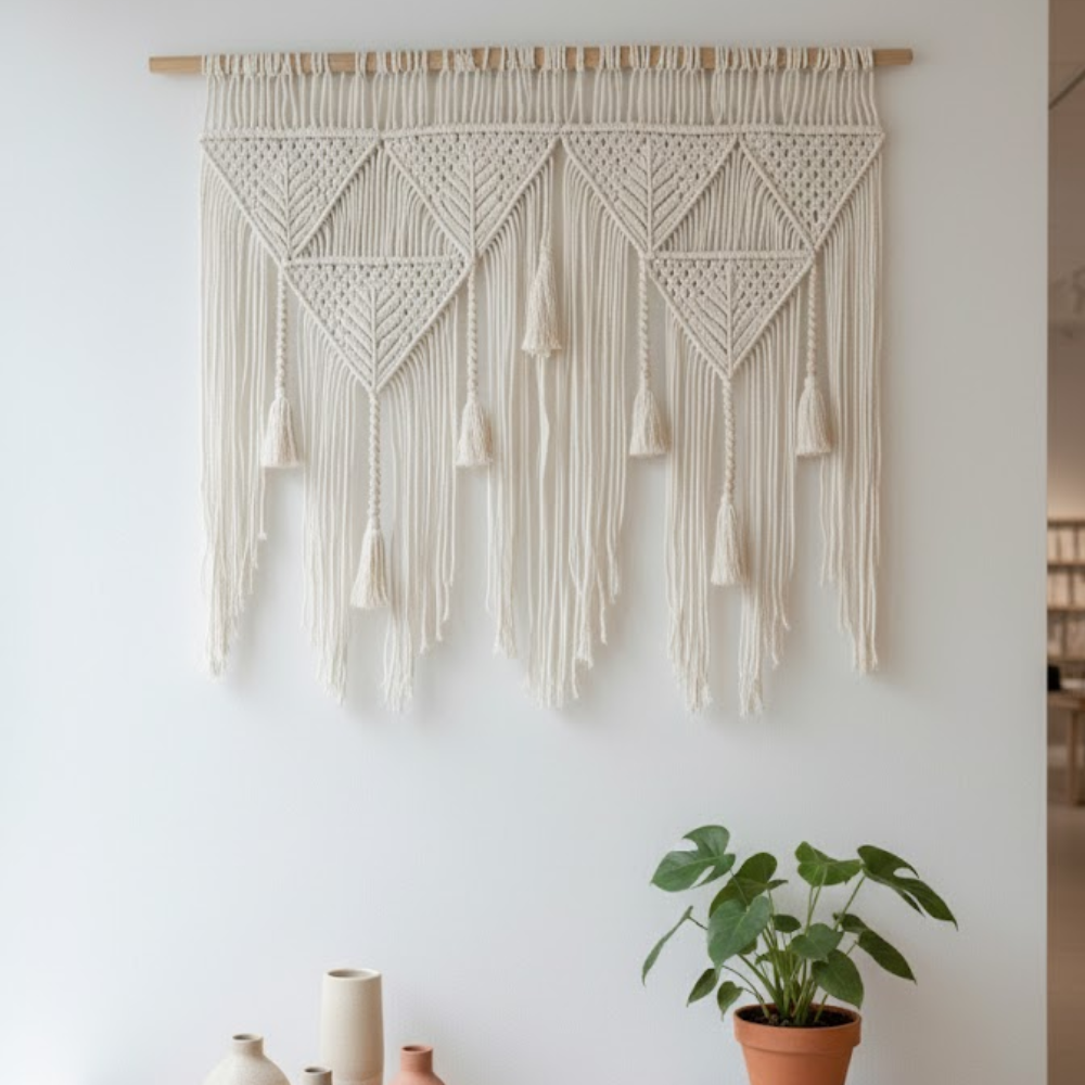 Hand-Knotted Macrame Leaf Hanging Wall – Boho Decorative Wall Hanging in Cream