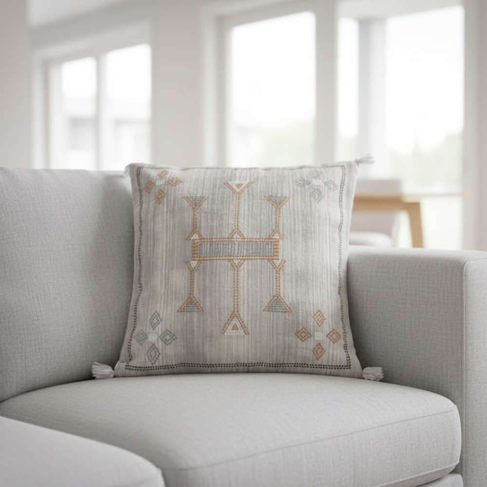 Embroidered & Tasseled Cotton Cushion Cover – Handwoven Artisan Cushion Cover with Vintage Embroidery & Tassels