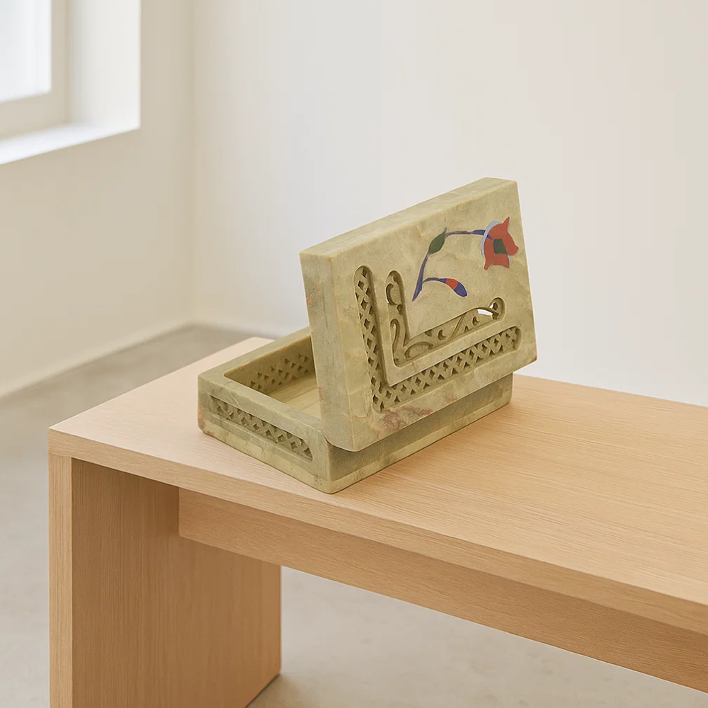 Inlaid Semi-Precious Stone & Lattice Cut Soapstone Jewelry Box