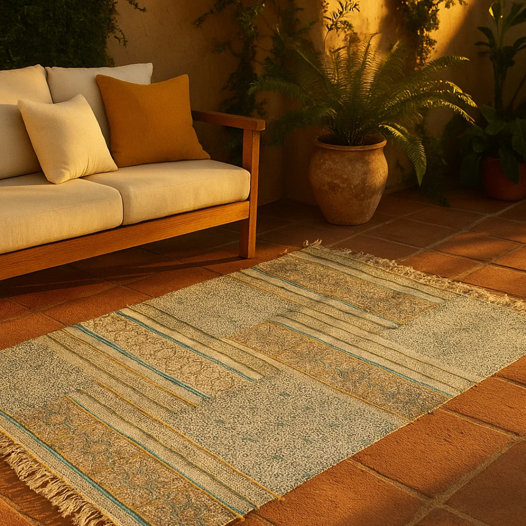 Hand Embroidered Block Printed Cotton Maximal Fringed Rug