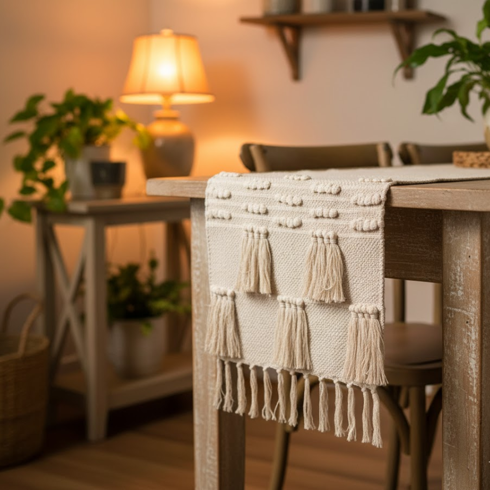 Handwoven Cotton Table Runner – Artisan Beige Dining Table Runner in 100% Cotton