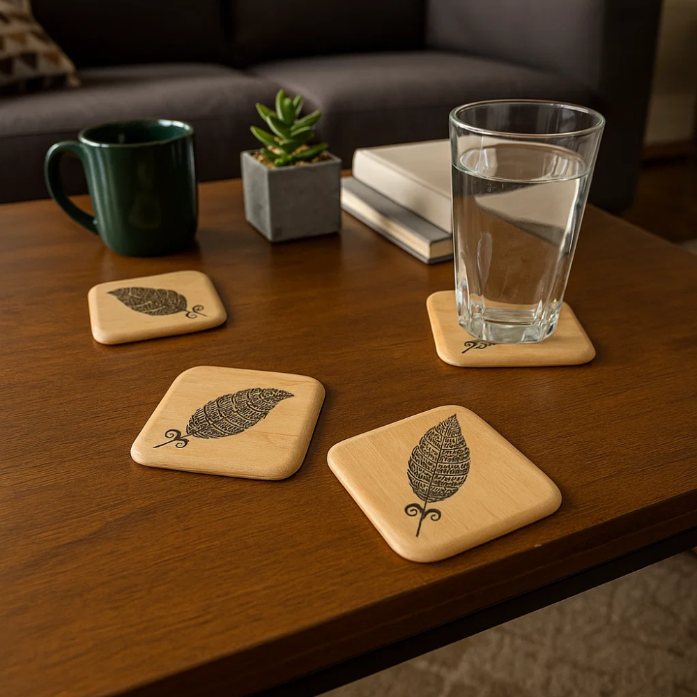 Hand Printed Ethnic Feather Wooden Coasters (Set of 4)