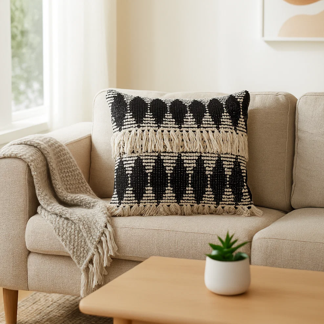 Textured Cotton Cushion Cover with Tassels