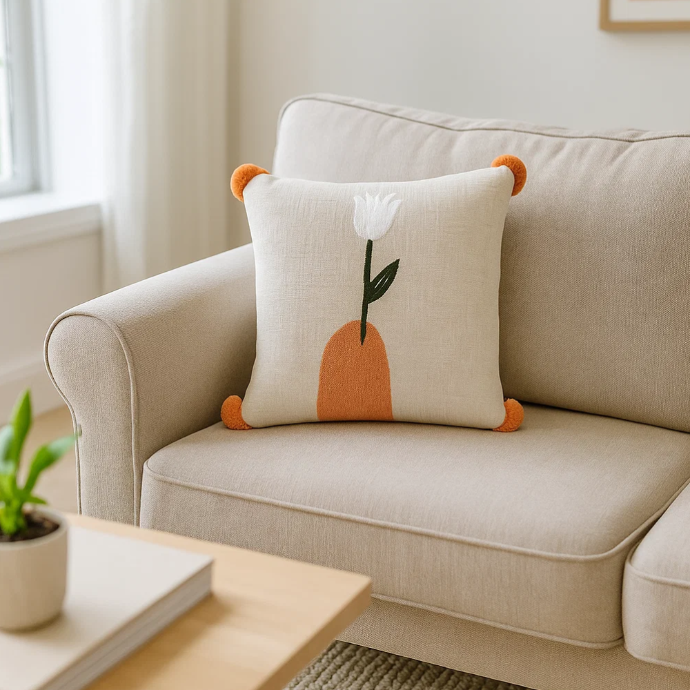Embroidered Tropical Tulip Pom-Pom Cotton Cushion Cover – Handcrafted Sofa Cushion Cover with Embroidery