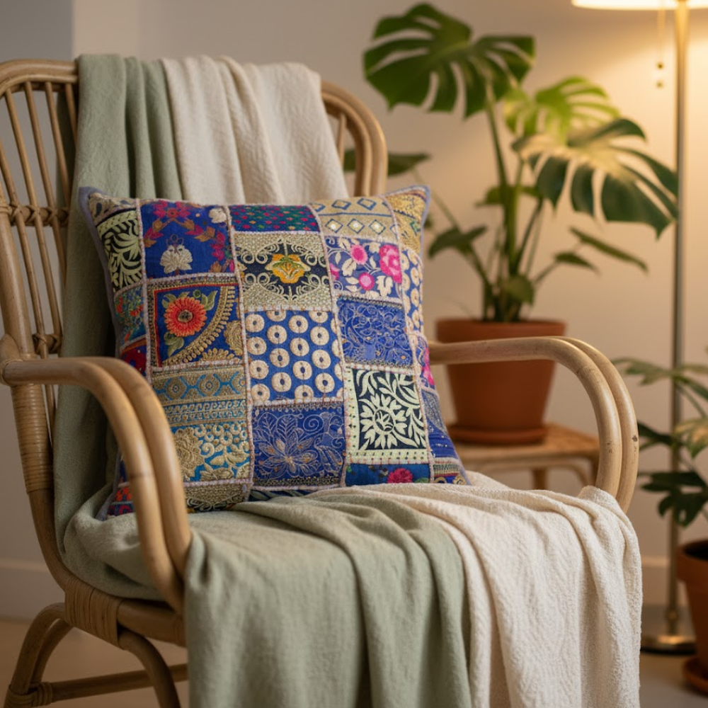 Upcycled Cotton Cushion Cover – Hand-Embroidered Patchwork