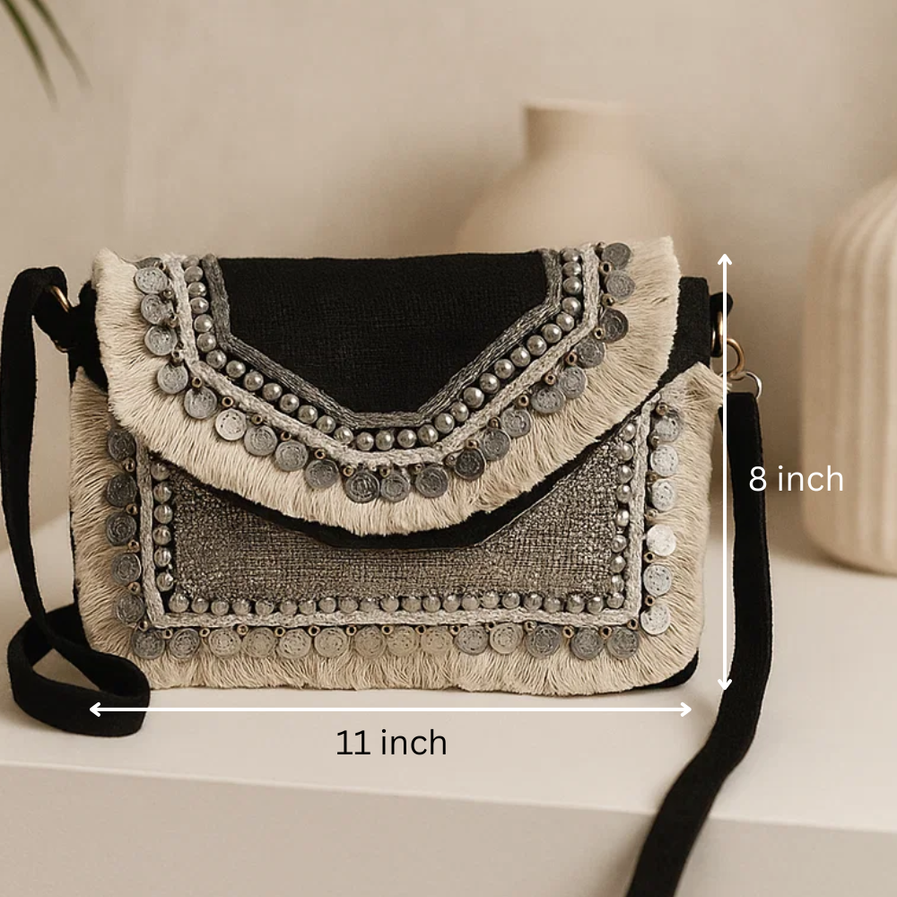 Metallic Embellished & Fringed Black Jute Sling Bag