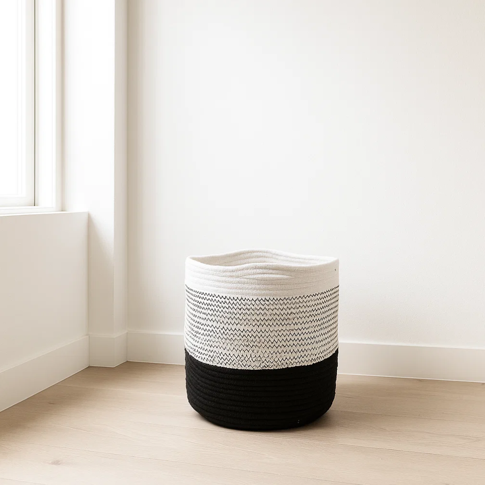 Handwoven Cotton Monochrome Zigzag Basket – Artisan Cotton Storage Basket with Black & White Pattern