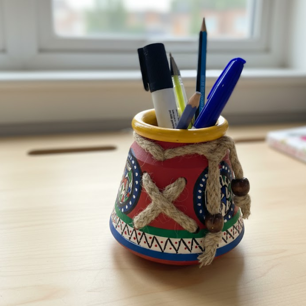Hand Painted Clay Tribal Pen Stand – Artisan Clay Desk Organizer with Folk Art Motifs & Jute Rope Detailing