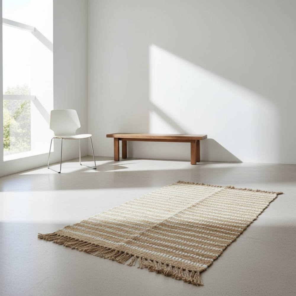 Handwoven Sandy Jute Striped Fringe Rug – Artisan Boho Rug with Rug Fringe Detailing
