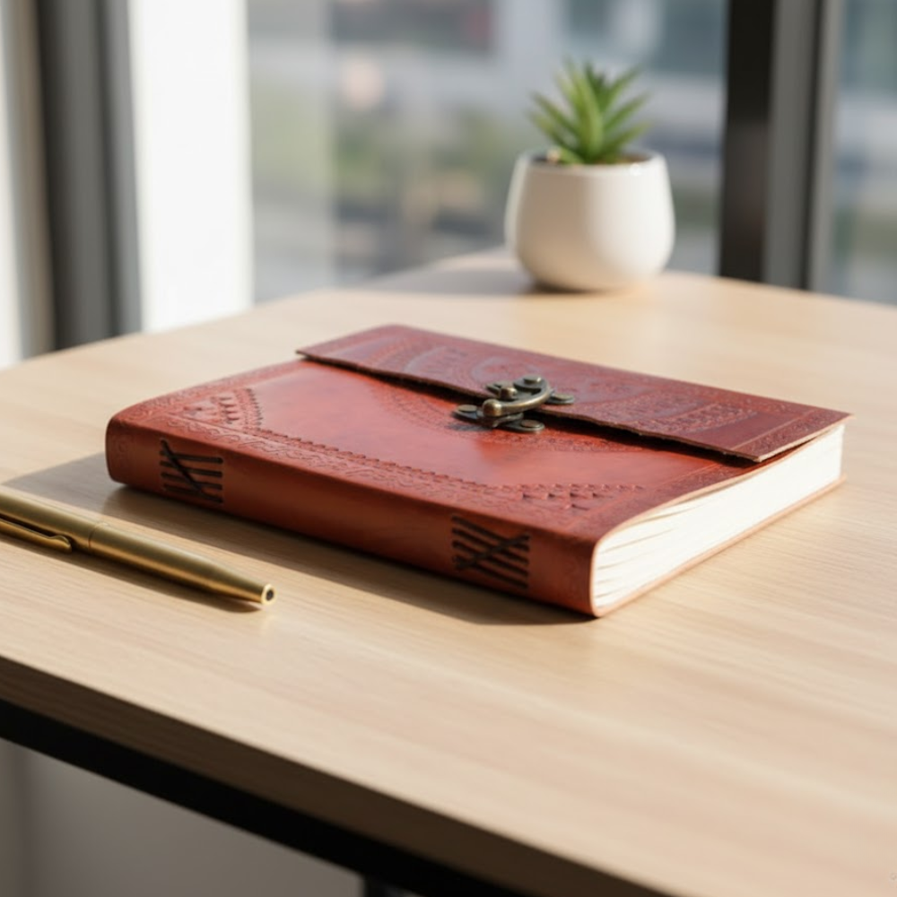 Embossed Mandala Leather Diary – Handmade Leather Bound Travel Diary with Embossed Cover