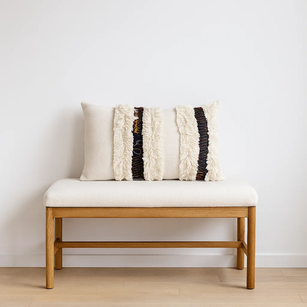 Handmade Shaggy Lace Cotton Cushion Cover – Artisan Cotton Cushion with Boho Lace Detailing