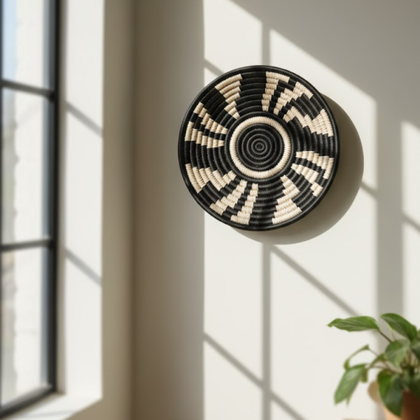 Black and White Sabai Grass Wall Plate | Handwoven Tribal Boho Decor